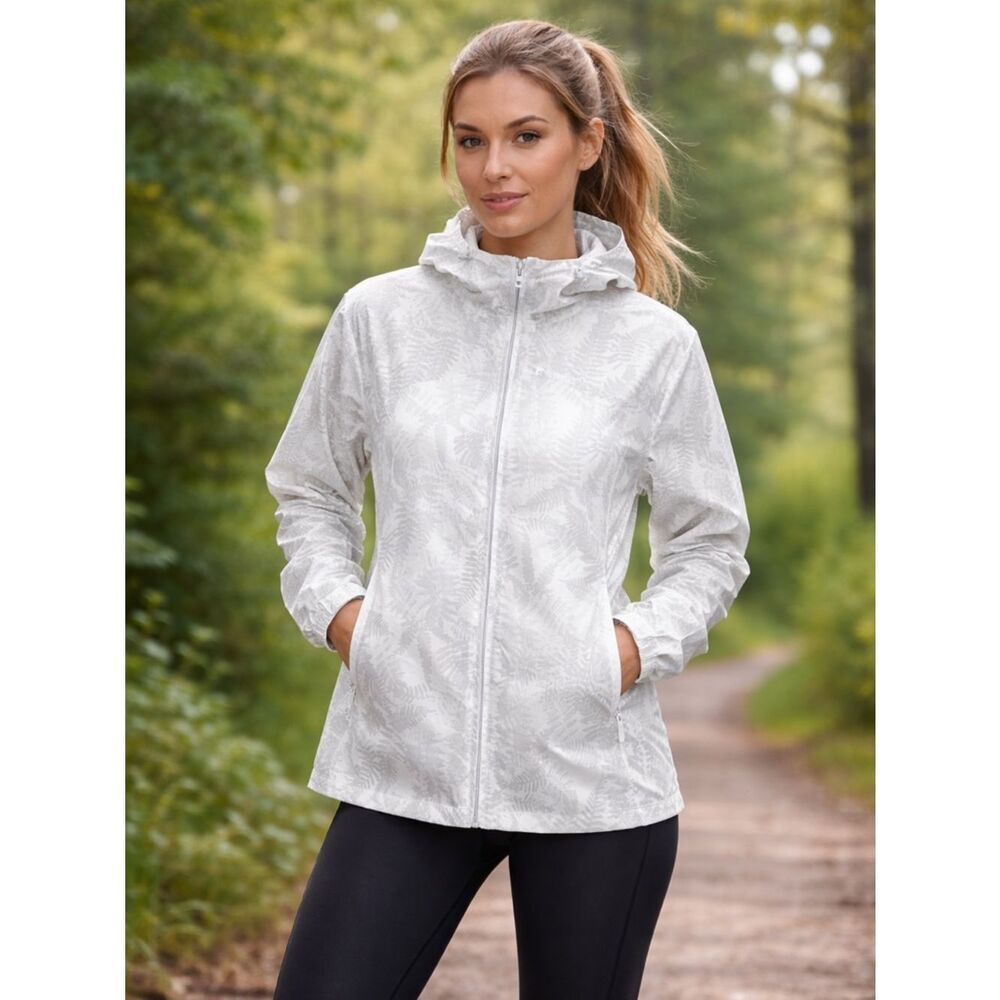 Quechua Raincut Full Zip Jacket | White Fern Print | Windproof + Water-Repellent